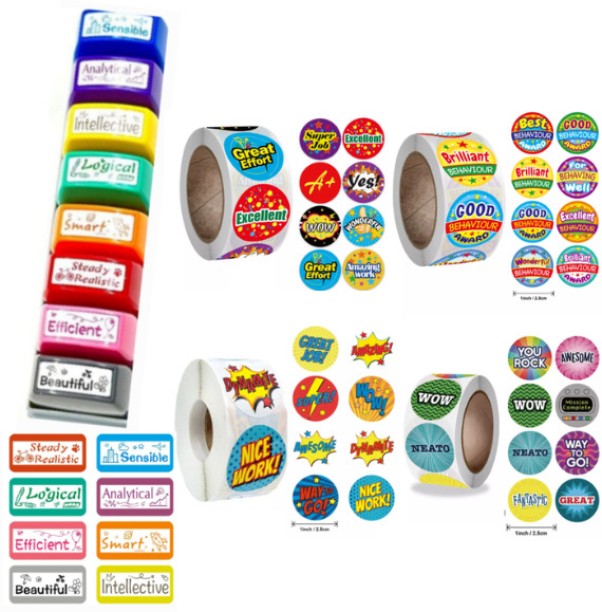 Miss Bliss Imports 2.5 cm 5PK Combo English Teacher Stamps set 8pc & English Teacher Stickers NiceWork(2000pc) Self Adhesive Sticker