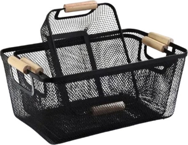 Ashcomonline Aluminium Storage Basket With Bamboo Handle Storage Basket