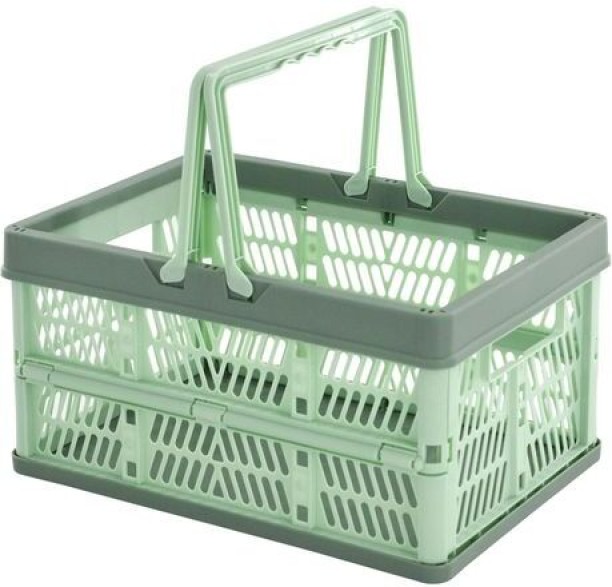 SB Plastic Folding Grocery Basket with Handle For Food Snack Storage Bin - Green Storage Basket