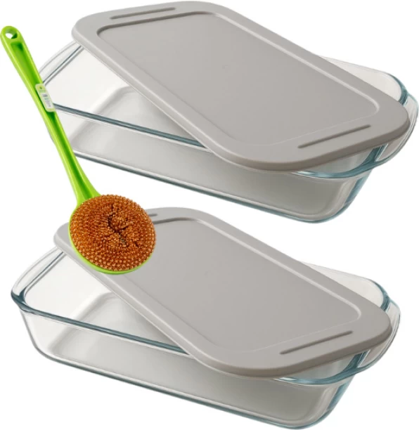 Wobuciko Glass Rectangle Casserole Glass Baking Dish Set with Lids 1.6L, 2 Pack, Grey, Includes Cleaning Brush Storage Basket