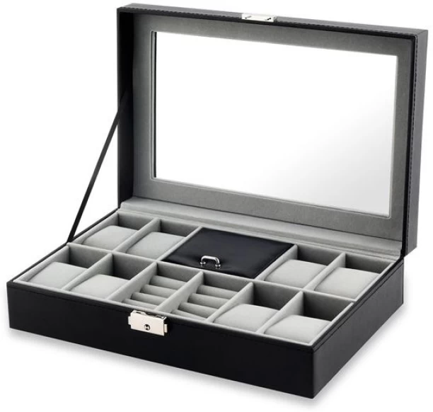 jozi trade 8 Slots PU Leather Jewelry Display Case With Lock & Glass Top - Black Jewellery Organizers