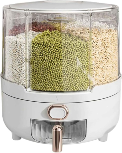WOODLY Rice dispenser 6 grids, 360° rotatable storage grain kitchen grain dispenser rice storage container cereal dispenser with airtight lid, L Shelf Organizers