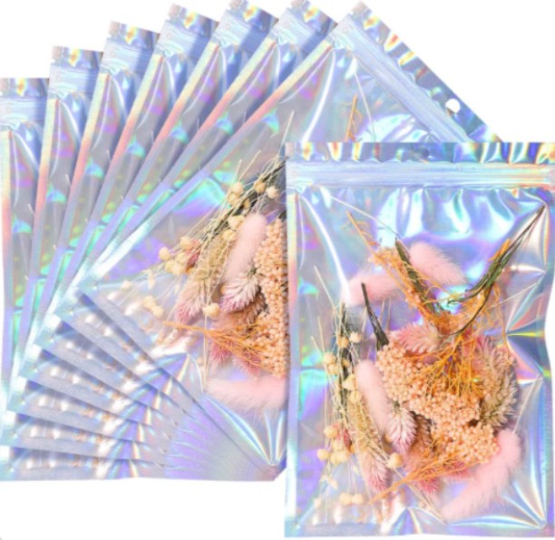 Miss Bliss Imports 200 Resealable Silver Holographic Window Bags Food Travel Packaging 12x20cm Plastic Storage Pouch