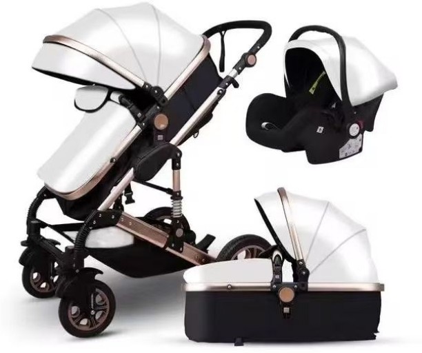 Belecoo Luxury Travel System - PU Black - White Stroller Pram