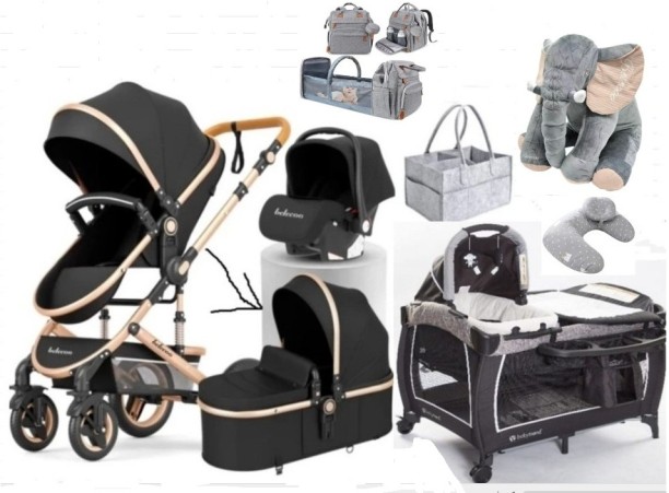 Belecooo 530w Luxury Baby Pram With Car Seat + Cot + Elephant Pillow & Caddy Storage Holder Carrier Bag Stroller Pram