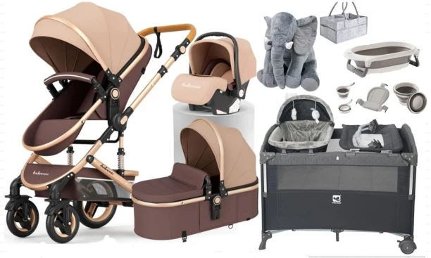 Belecoo 530w luxury baby pram with car seat + cot + elephant pillow , caddy storage & Bathtub Set Stroller Pram