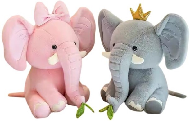Wobuciko Plush Elephant Stuffed Animals, Pink and Grey with Crown, Set of 2  - 50