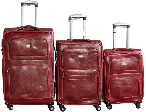 SMTE Le Emporer Luggage Set- Leather 3 Pieces Suitcases - Cherry Red Cabin & Check-in Set 4 Wheels - 28 inch