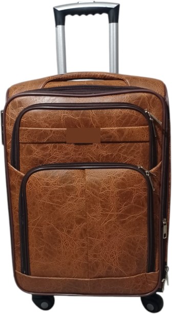 SMTE 23-Inch Leather Travel Suitcase - Brown | Compact Soft Shell Check-in Suitcase 4 Wheels - 23 inch
