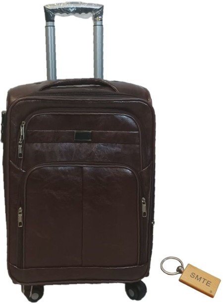 SMTE Premium Leather Suitcase Small 55cm - 1 Piece - Chocolate Check-in Suitcase 4 Wheels - 23 inch