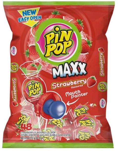 PIN POP Maxx Strawberry Flavoured Lollipop with Tutti Frutti Bubblegum Center Pouch