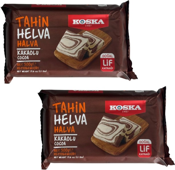 Koska Turkish Tahini Halva with Cocoa 500g × 2 – Traditional Sesame Sweet Set Bag