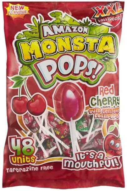 TRADE KINGS Monsta Red Cherry Lollipops – Sweet & Tangy Flavor, Bulk 48-Pack Pouch