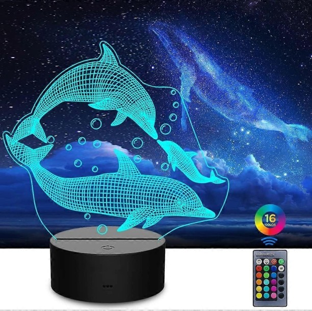 MAX Dolphin Night Light for Kids - 3D Illusion Lamp 16 Colors Changing with Remote, Birthday Christmas a Night Lamp