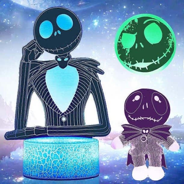 MAX Jack Skellington 3D Illusion Night Light, 3 Patterns and 16 Colors Halloween Town Pumpkin King LED D Night Lamp
