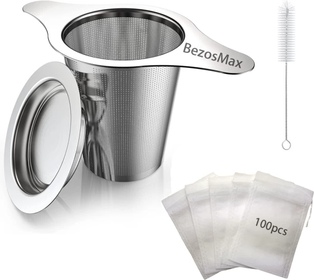 BezosMax Stainless Steel Tea Infuser Strainers with 100 Empty Bags, Tea Strainer Stepper with Double Handles, Extra Fine Mesh Ball Infusers for Loose Leaf/Green/Black Tea Stainless Steel Tea Strainer