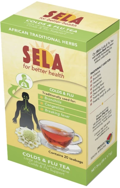 Sela Colds & Flu Tea Natural Herbs with Rooibos & Lemon Bush Herbal Infusion Tea Box