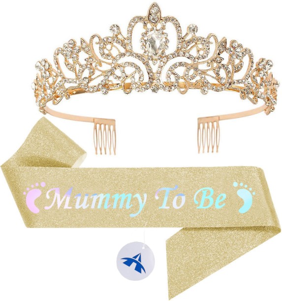 ALANES Mommy To Be Sash and Tiara Set Baby Shower Crown and Sash - Gold Hair Accessory Set