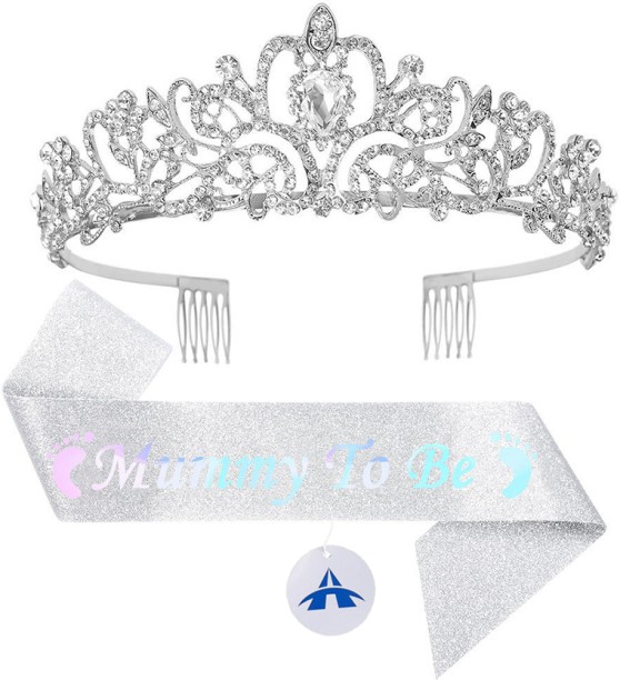 ALANES Mommy To Be Sash and Tiara Set Baby Shower Crown and Sash - Silver Hair Accessory Set
