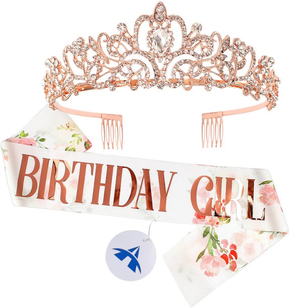 ALANES Birthday Girl Sash and Rhinestone Tiara Set Birthday Kit - Pink Hair Accessory Set
