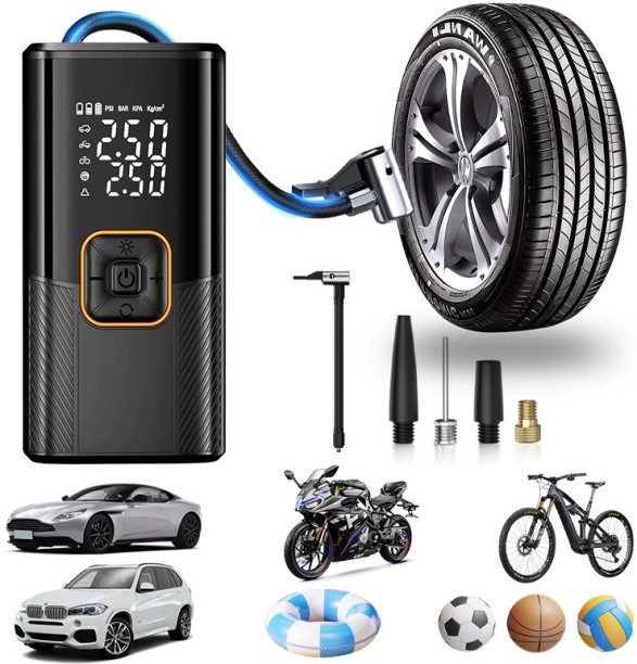 marevic Cordless Electric Car Tyre Pump & Bike Pump with Dual Values Display, Digital Pressure Gauge 150 PSI, LED Light, Portable Tyre Inflator Plastic Digital Tire Pressure Gauge