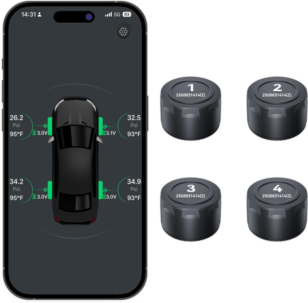 Happyfun RV Tire Pressure Monitoring System with 4 External Sensors, Wireless TPMS Plastic Smart Tyre Pressure Gauge