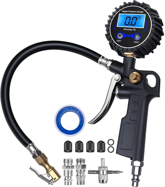 Bloo Digital Tire Pressure Gauge with Inflator, 3-250 PSI Air Compressor Accessories with Air Chuck Quick Connect Coupler, Car Attachments with Rubber Hose for Car, Truck, SUV, Cycle, RV Silicone Smart Tyre Pressure Gauge