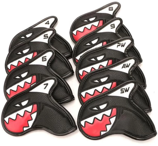 ALANES 9 Piece Shark Shape PU Leather Golf Iron Head Covers Set Golf Kit