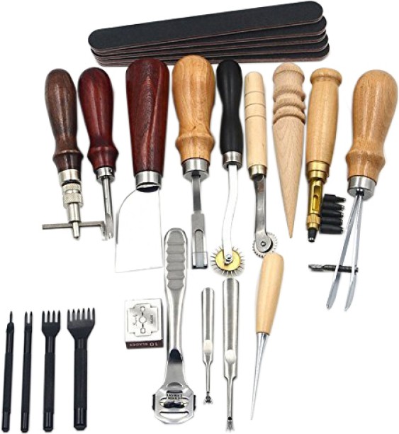 ALANES 18pcs Leather Carft Punch Tools Kit Stitching Carving Working Sewing Saddle Groover Leather Craft Diy Tool Cycling Carft Punch Tools Kit