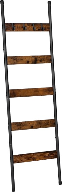 Pract Pack 160x44 cm Iron Towel Ladder Rack with 5 Shelves & Hooks - Brown Iron Rack Towel Holder