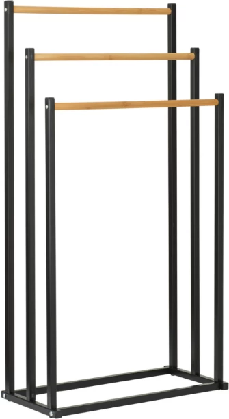 Generic 3-Tier Freestanding Towel Rack - Black Iron, Bamboo Rack Towel Holder