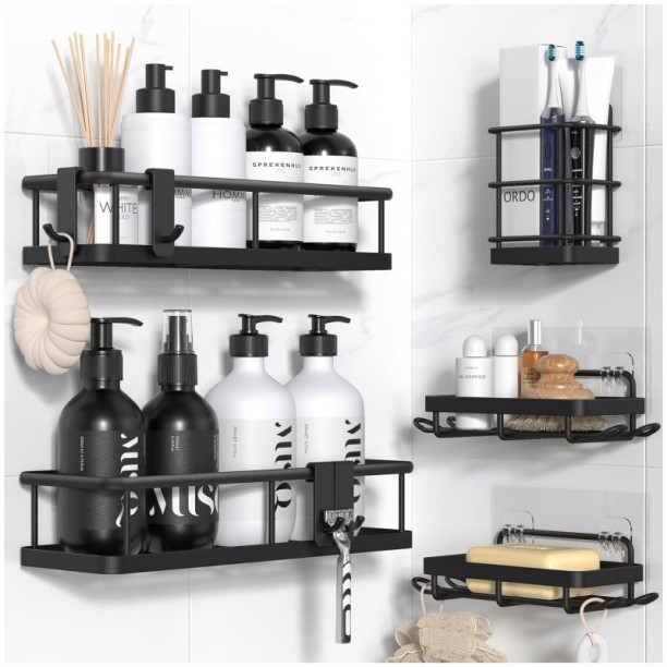 TIANYI 5-Piece Bathroom Shower Caddy Set, Black Wall Mount Organizer with 4 Hooks Stainless Steel Rack Shelf For  Bathroom