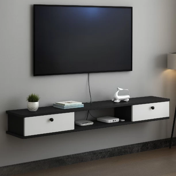 Innolife TV Stand Cabinet Black with White Doors Entertainment Unit with Storage Engineered Wood TV Entertainment Unit