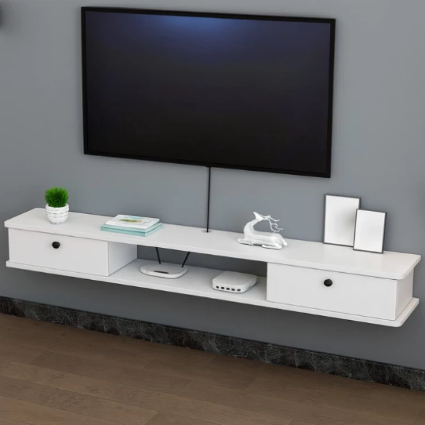 Innolife Wall Mounted Floating TV Stand Cabinet 140cm White with White Doors Engineered Wood TV Entertainment Unit