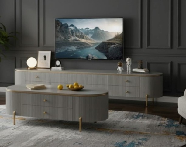 I Fur Modern White Wooden Coffee Table TV Stand And Coffee Table Engineered Wood TV Entertainment Unit