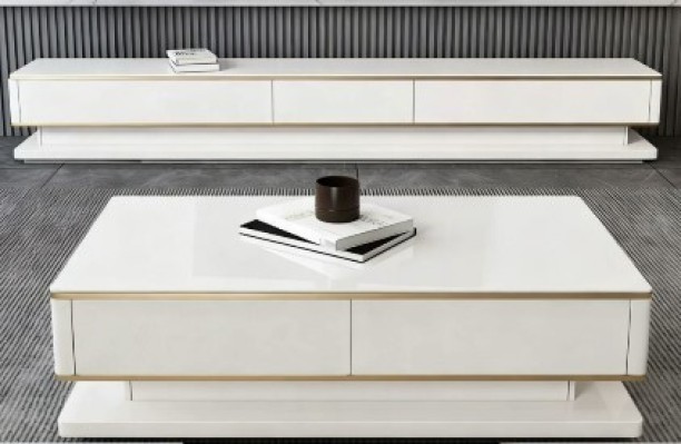 I Fur Modern White Wooden Coffee Table TV Stand And Coffee Table Engineered Wood TV Entertainment Unit