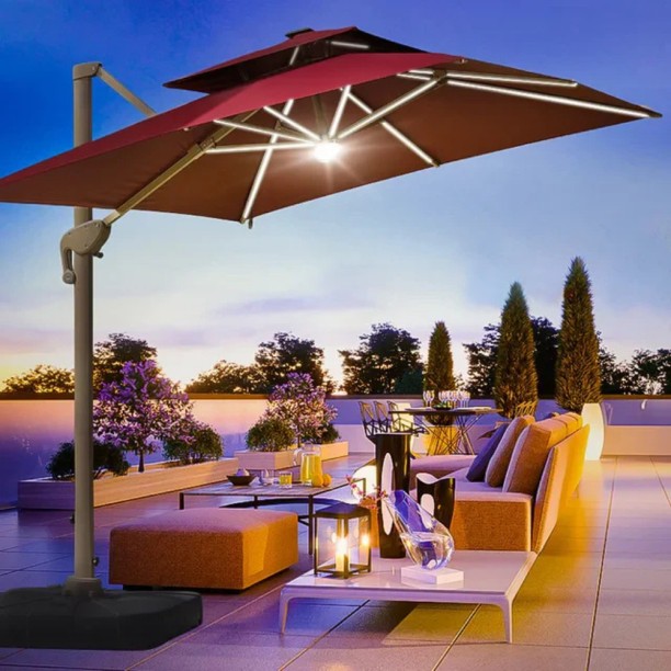 Designer Concepts 10 kg Capacity Aluminium Ohana Patio Cantilever Umbrella with LED Lights Red Umbrella Base Square
