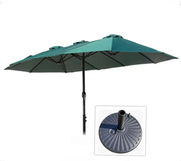 SE 3-Roof Patio Umbrella with Base – Large 265 × 455 cm Outdoor Iron Frame Sunshade Parasol – Dark Green Umbrella