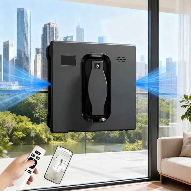 SOlala Automatic window cleaning robot, equipped with dual spray technology, can be controlled via the app and remote control. It has four safety features, with a power of 2800PA and 72W, in dark gray color. (WiFi Connectivity) Window Cleaner