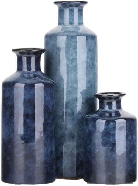 Cart In Mart Blue Ceramic Vase Set - Decorative Farmhouse Vase - 3 Piece Set Stoneware Vase