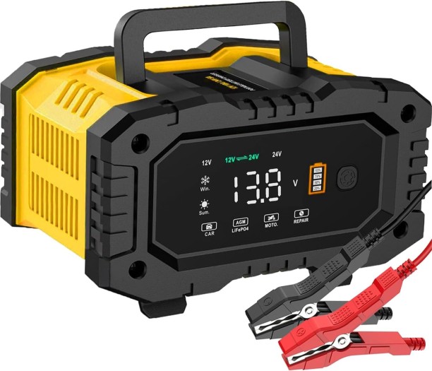 Bloo 10-Amp Car Battery Charger, 12V and 24V LiFePO4/Lead-Acid(AGM/Gel/SLA) Battery Charger Automotive, Battery Maintainer,Trickle Charger and Desulfator,Automatic Smart Charger for Truck Motorcycle 0 Ah Battery for All Vehicles