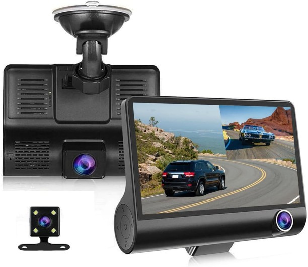 Happyfun 3 Channel Dash Cam Front Rear Inside, 4 inch Screen Dash Camera for Cars Vehicle Camera System