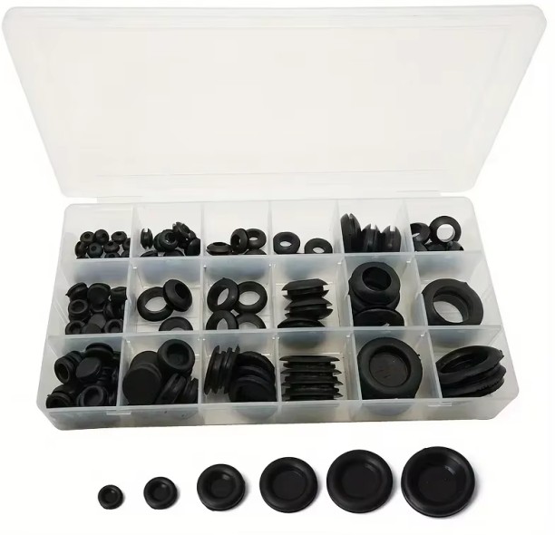 Kaisi 125Pcs Double-Sided Black Rubber Grommet Assortment Kit Wiring Cover