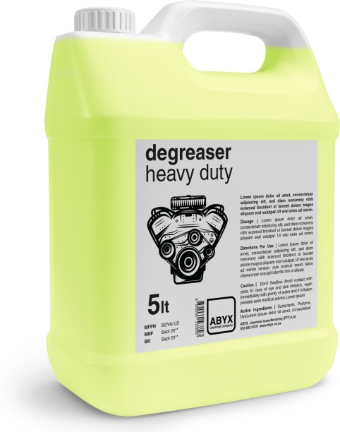 ABYX Degreaser heavy duty is a ready-to-use water-based surface cleaner that softens, cuts and removes grease.It is especially suitable for cleaning Stoves, Extractor Fans, Braais, Engines, Workshop Equipment and other home and industrial applications. Diesel Engine, Petrol Engine Cleaner