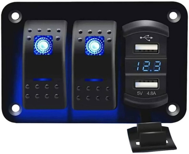 Fantasy Town Waywe - 90116C Dual Gang Rocker Switch Panel (Featuring a 4.8 Amp Dual USB Charger And Voltmeter): 12V-24V DC Rocker Switch (Comes with Night Glow Stickers), Suitable for Cars, Trucks, Boats, Rvs, in Blue Color, Without Battery Reverse Light Switch Brass