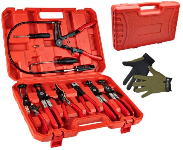 MS 9Pc Heavy-Duty Professional Hose Spring Clip Pliers Set with Gloves & Case Vehicle Tool Kit