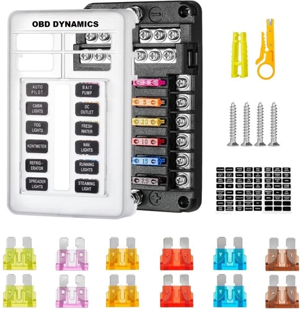 OBD DYNAMICS 12-Way Fuse Block with LED Indicator - Waterproof Blade Fuse Box for Car, RV, Boat Vehicle Tool Kit