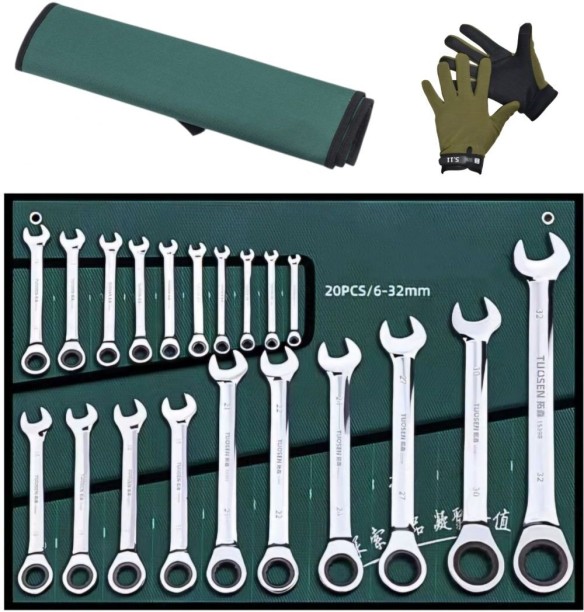 MS 12-Point 20-Piece Premium Ratchet Spanner Set Size 6-32mm With Gloves & Bag Vehicle Tool Kit