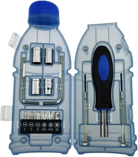 Bloo 11-Piece Screwdriver Tool Set with Socket Bits, Bottle-Shaped Storage Case, Blue Vehicle Tool Kit