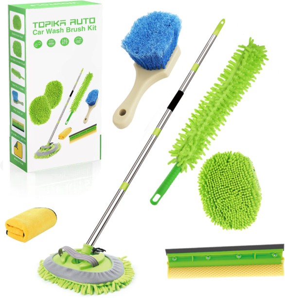 Topika Car Wash Cleaning Mop Kit with Long Handle, Squeegee, Towels & Brush Aluminium, Fabric Vehicle Washing  Washing Mitt Hand Glove